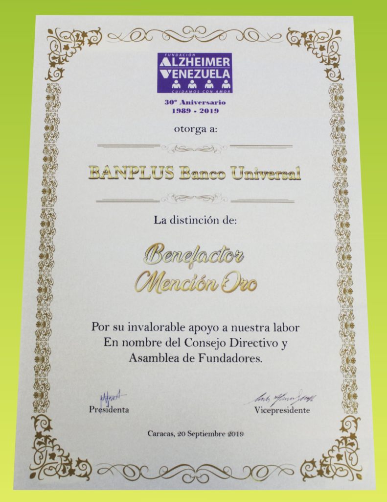 reconocimeinto diploma alzheimer min 791x1024 - Recibimos la distinción como Benefactor, Mención Oro por la Fundación Alzheimer de Venezuela
